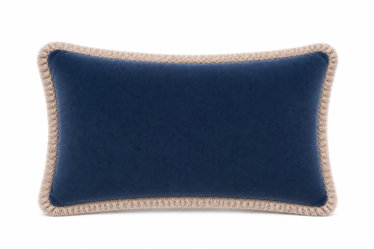 French Blue Velvet Lumbar with Brushed Fringe
