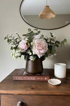 Blush Rose and Waxflower with Eucalyptus in Bronze Vase