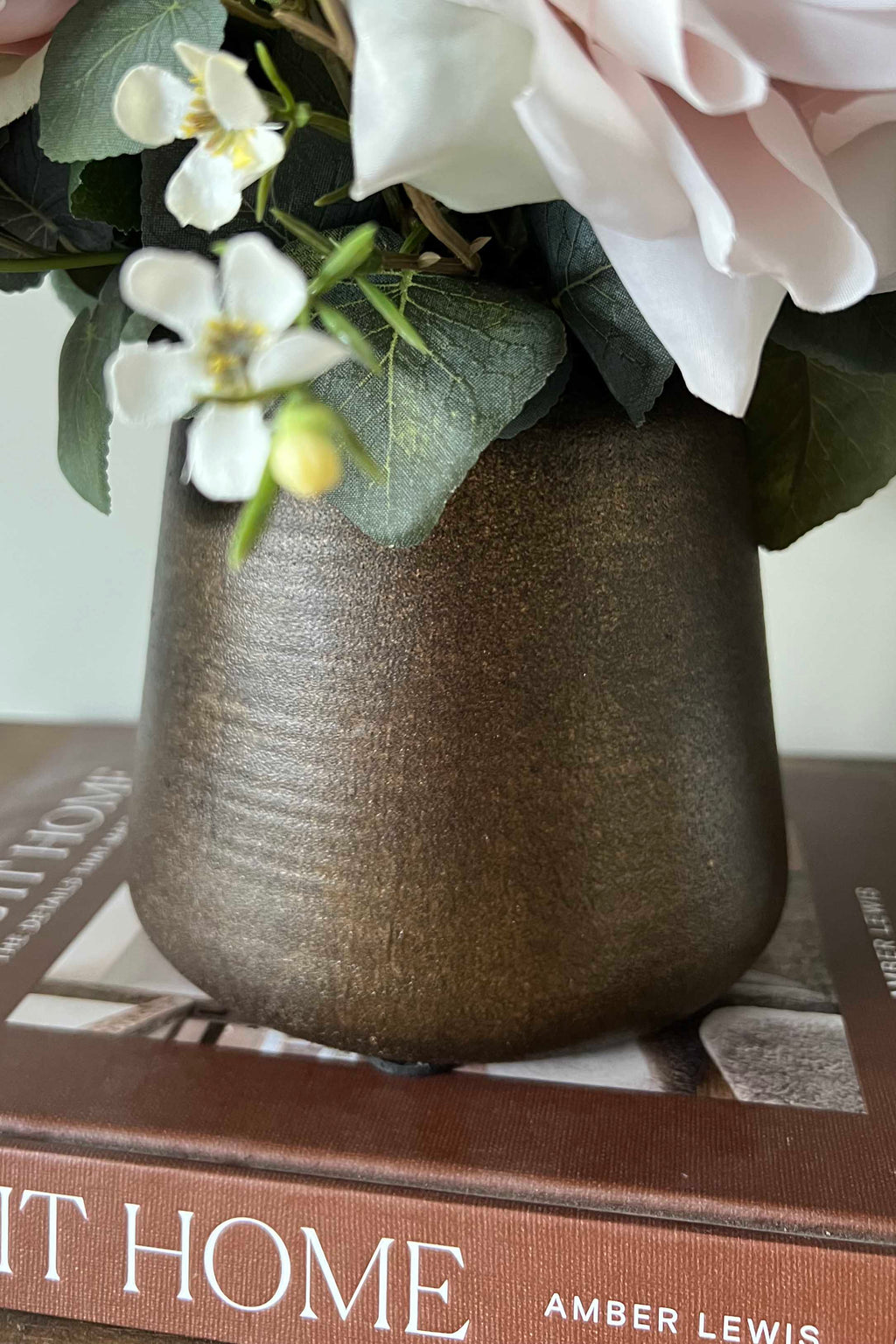 Blush Rose and Waxflower with Eucalyptus in Bronze Vase