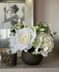 White Hydrangea & Rose Bouquet in Bronze Vase