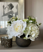 White Hydrangea & Rose Bouquet in Bronze Vase