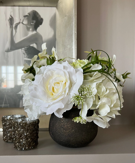 White Hydrangea & Rose Bouquet in Bronze Vase