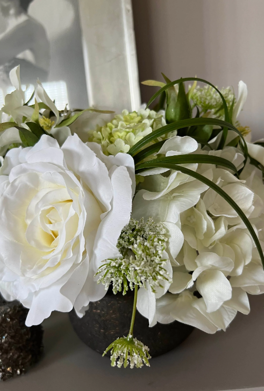 White Hydrangea & Rose Bouquet in Bronze Vase