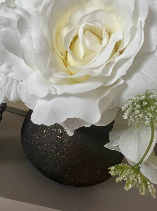 White Hydrangea & Rose Bouquet in Bronze Vase