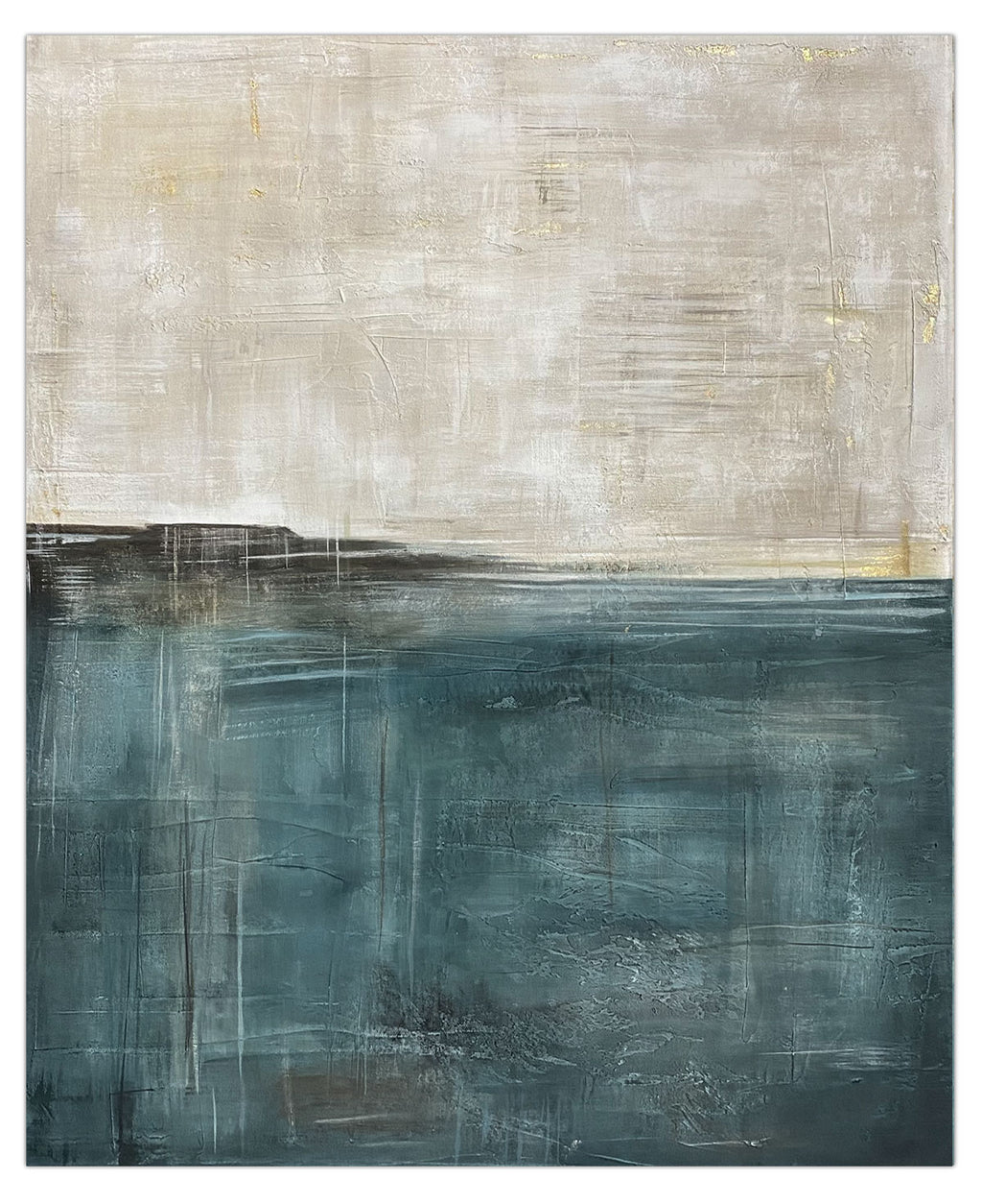 Rustir hand-painted canvas in teal, portrait, in a hand-finished L-shape frame